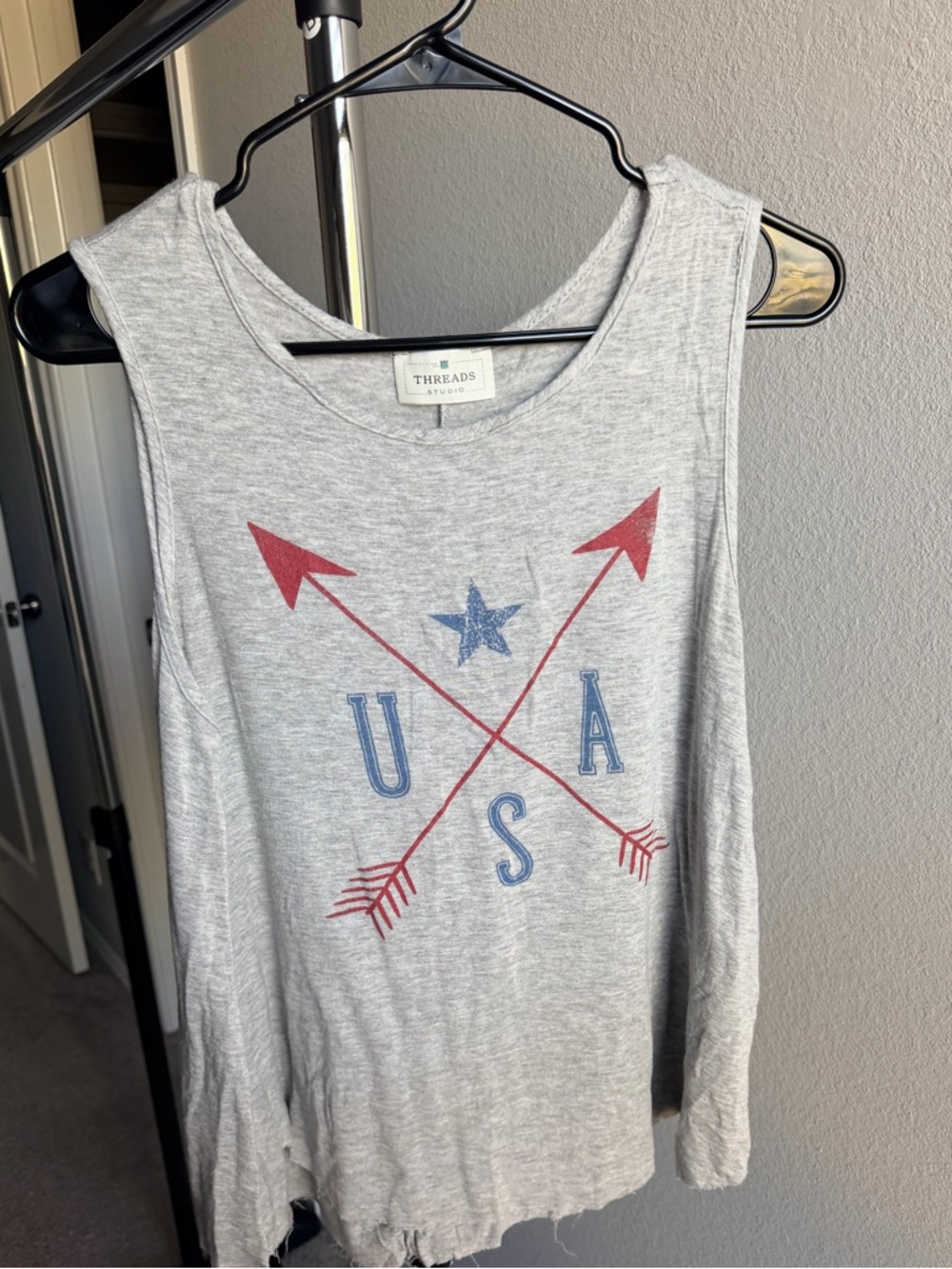 Women's USA Graphic Tank - Light Gray with Red & Blue